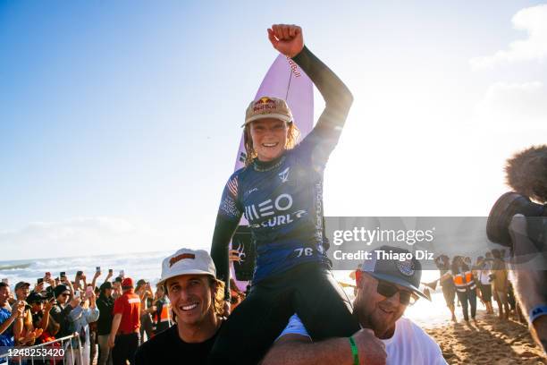 Caitlin Simmers of the United States after winning the MEO Rip Curl Pro Portugal on March 14, 2023 at Peniche, Leiria, Portugal.