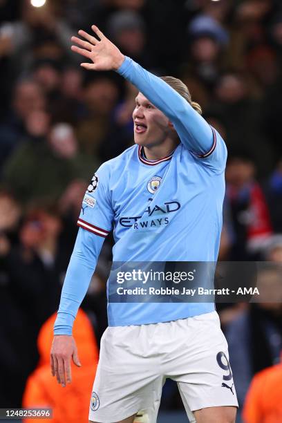 Erling Haaland of Manchester City celebrates after scoring a goal to make it 6-0 during the UEFA Champions League round of 16 leg two match between...