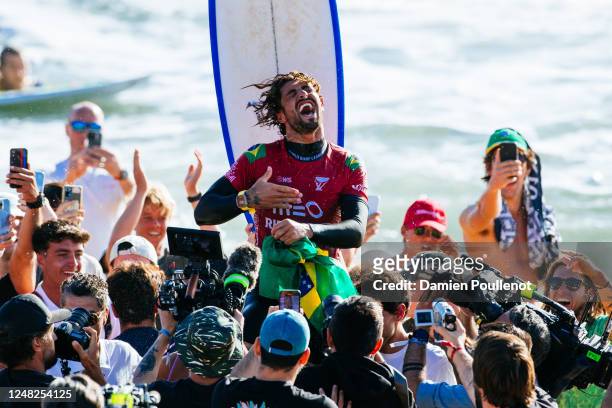 Joao Chianca of Brazil after winning the MEO Rip Curl Pro Portugal on March 14, 2023 at Peniche, Leiria, Portugal.