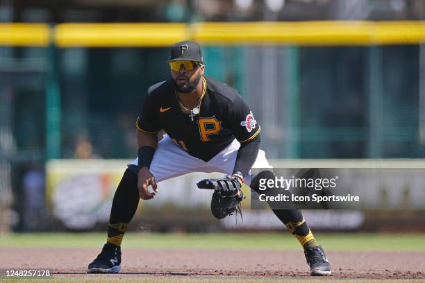Pittsburgh Pirates first baseman Carlos Santana fields his position during an MLB Spring Training game against the Toronto Blue Jays on March 07,...