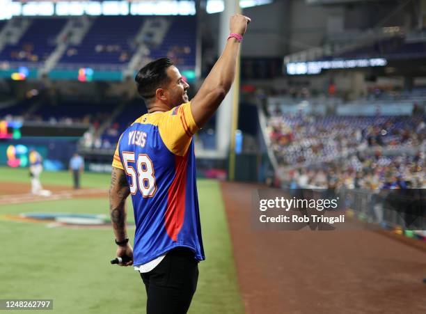 Chef Yisus announces Play Ball before Game 7 of Pool D between Team Nicaragua and Team Venezuela at loanDepot Park on Tuesday, March 14, 2023 in...