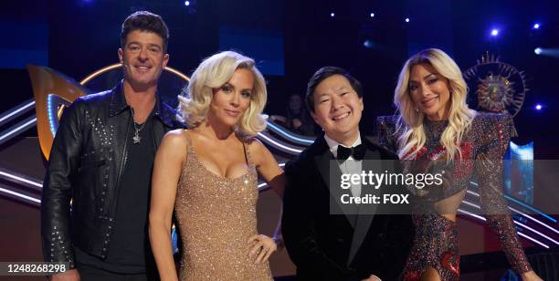 Robin Thicke, Jenny McCarthy Wahlberg, Ken Jeong and Nicole Scherzinger in the season nine premiere episode of THE MASKED SINGER airing Wednesday,...