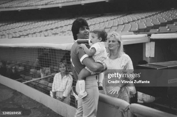 American actor Erik Estrada with his wife Peggy Rowe and their son Anthony Estrada at the Hollywood All-Star Baseball Game at the Dodger Stadium in...