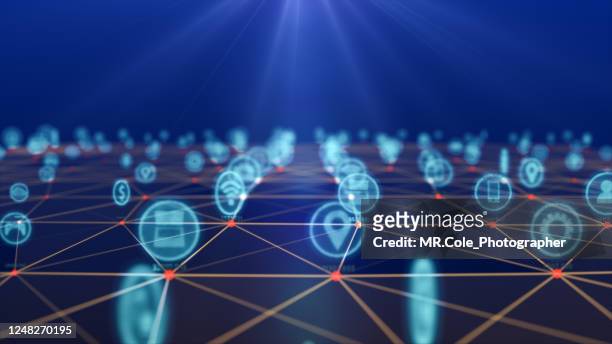 internet of things concept,social icon connecting to dot in 3d space.information communication network.abstract technology blackground - synchronization stock pictures, royalty-free photos & images