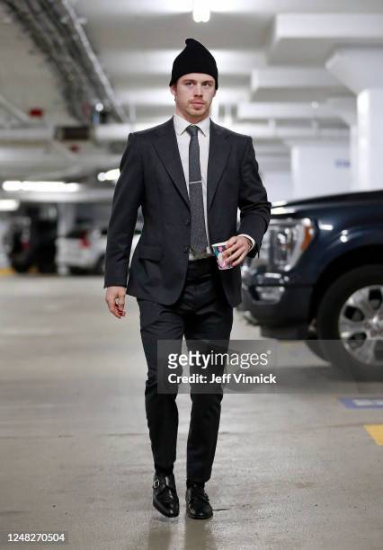Anthony Beauvillier of the Vancouver Canucks walks to the Canucks dressing room before their NHL game against the Dallas Stars at Rogers Arena March...