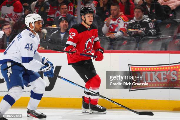 Curtis Lazar of the New Jersey Devils skates in the first period of the game against the Tampa Bay Lightning on March 14, 2023 at the Prudential...