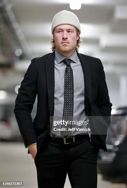 Brock Boeser of the Vancouver Canucks walks to the Canucks dressing room before their NHL game against the Dallas Stars at Rogers Arena March 14,...