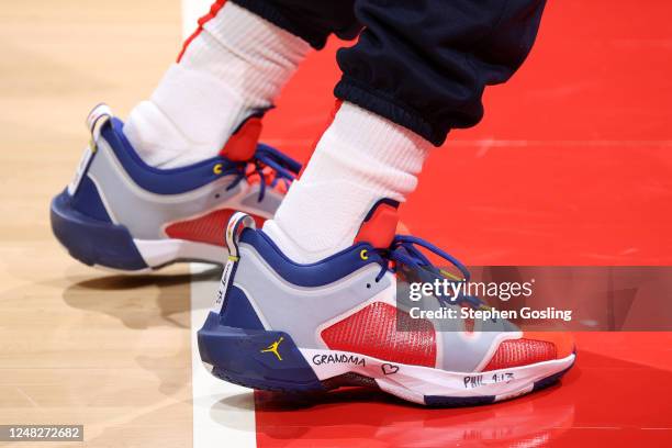 The sneakers worn by Bradley Beal of the Washington Wizards before the game against the Detroit Pistons on March 14, 2023 at Capital One Arena in...