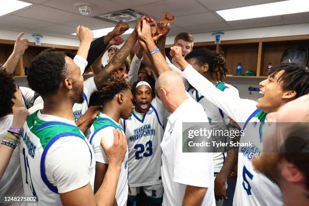 Players from the Texas A&M Corpus Christi Islanders celebrate a win over the Southern Missouri State Redhawks during the First Four round of the 2023...