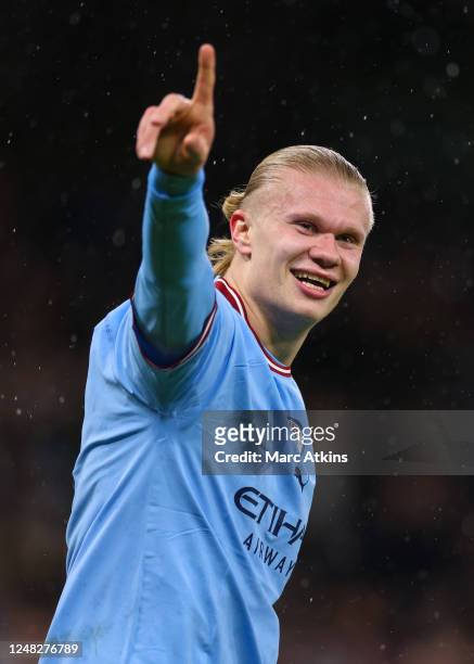 Erling Haaland of Manchester City celebrates scoring his 2nd goal during the UEFA Champions League round of 16 leg two match between Manchester City...