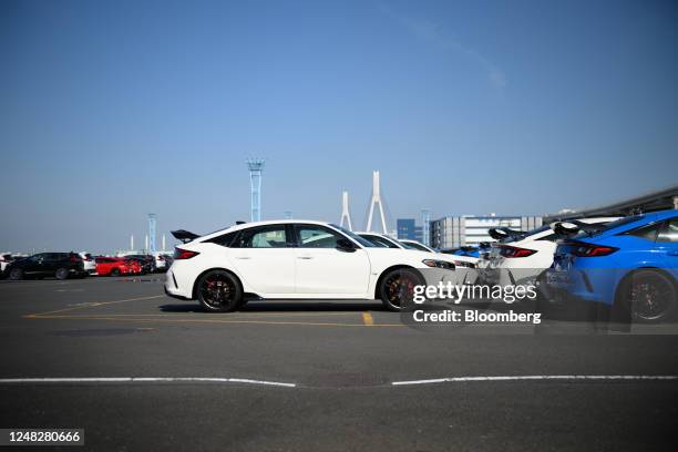 Honda Motor Co. Civic Type R vehicles bound for shipment at a port in Yokohama, Japan, on Tuesday, March 14, 2023. Japan's ministry of economy, trade...