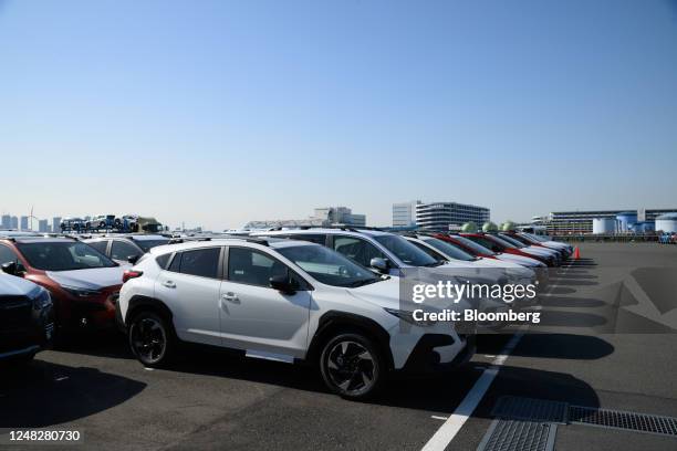 Subaru Corp. Vehicles bound for shipment at a port in Yokohama, Japan, on Tuesday, March 14, 2023. Japan's ministry of economy, trade and industry is...