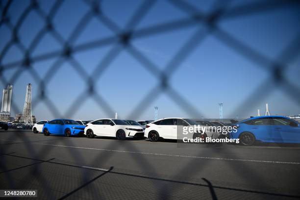 Honda Motor Co. Civic Type R vehicles bound for shipment at a port in Yokohama, Japan, on Tuesday, March 14, 2023. Japan's ministry of economy, trade...