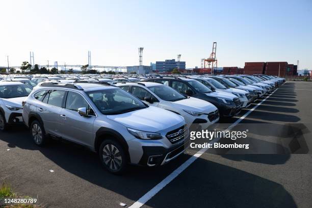 Subaru Corp. Vehicles bound for shipment at a port in Yokohama, Japan, on Tuesday, March 14, 2023. Japan's ministry of economy, trade and industry is...