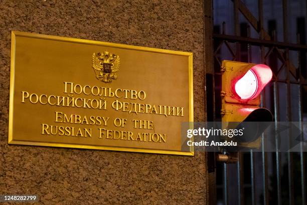 The sign of the Russian Embassy is seen on March 14, 2023 in Washington, DC, United States.