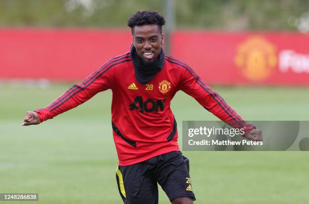 Angel Gomes of Manchester United in action during a first team training session at Aon Training Complex on June 08, 2020 in Manchester, England.