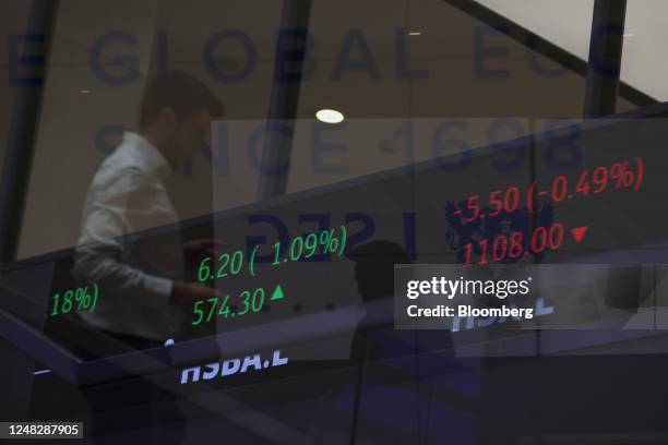 Multiple exposures were combined in camera to produce this image. Stock price information displayed in the London Stock Exchange Group Plc's office...