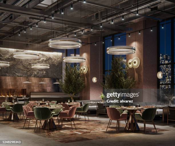 3d-rendering eines luxus-restaurant-interieurs in der nacht - affluent dining stock-fotos und bilder