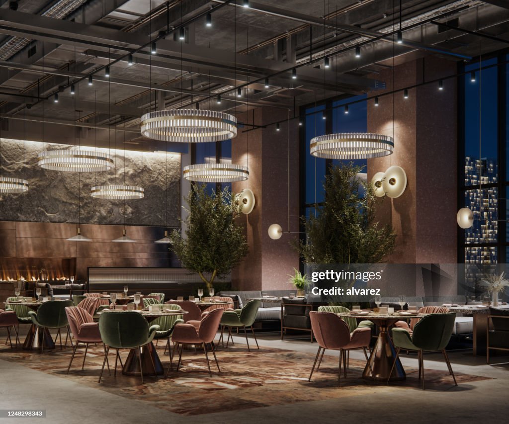 3D rendering of a luxury restaurant interior at night