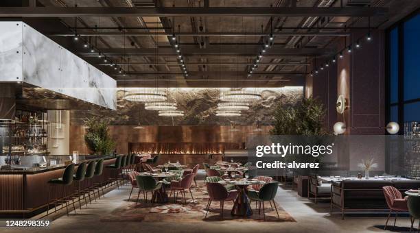 interior del restaurante de lujo por la noche - elegante fotografías e imágenes de stock