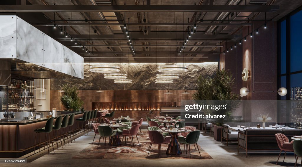 Lyxig restaurang interiör på natten