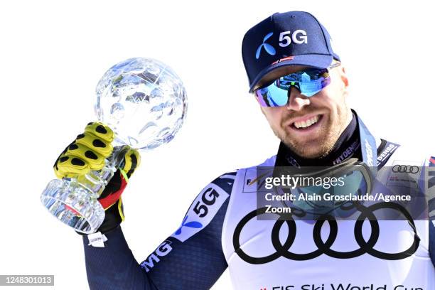 Aleksander Aamodt Kilde of Team Norway wins the globe in the overall standings during the Audi FIS Alpine Ski World Cup Finals Men's and Women's...