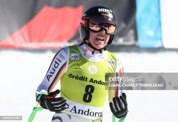 Germany's Kira Weidle reacts in the finish area in the women's downhill race of the FIS Alpine Ski World Cup finals 2022/2023 in El Tarter in...