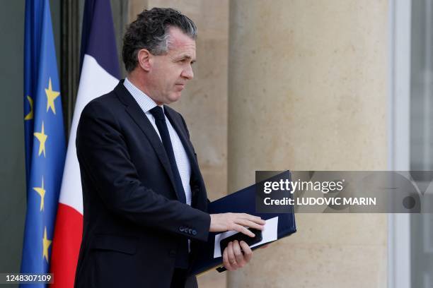 French Minister for Ecological Transition and Territories' Cohesion Christophe Bechu leaves the Elysee presidential palace after attending the weekly...