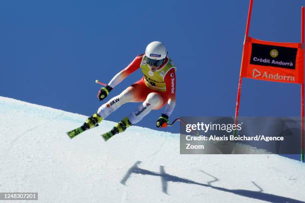 Jasmine Flury of Team Switzerland in action during the Audi FIS Alpine Ski World Cup Finals Men's and Women's Downhill on March 15, 2023 in Soldeu,...