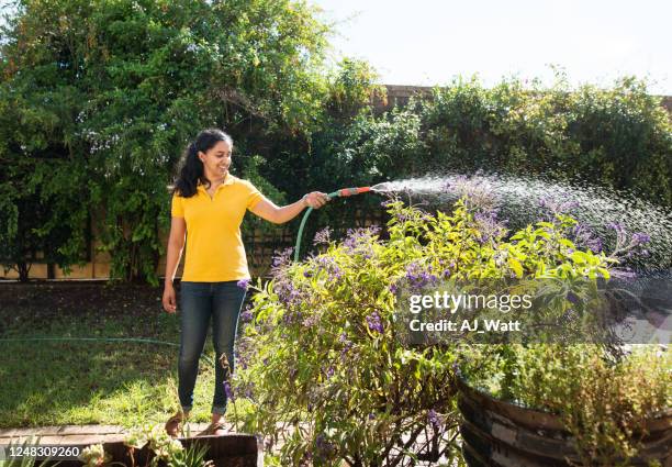 het verzorgen van haar planten - water geven stockfoto's en -beelden