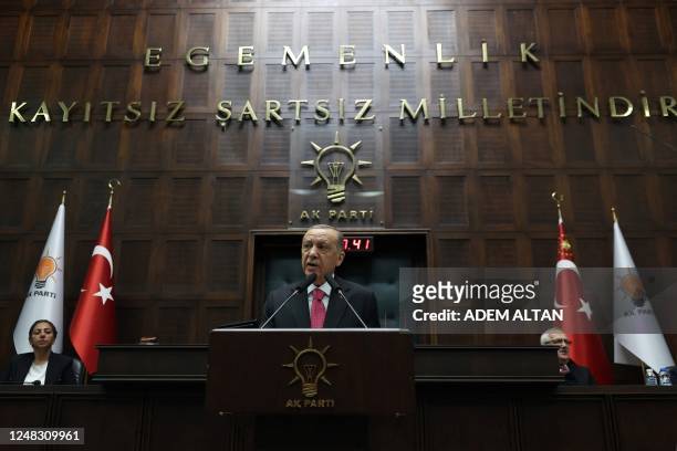 Turkish President and leader of the Justice and Development Party , Recep Tayyip Erdogan delivers a speech during the party's group meeting at the...