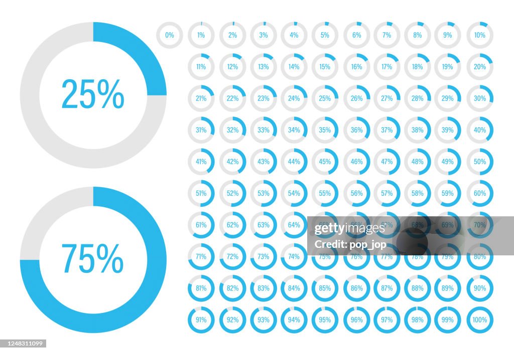 Round Progress Bar - Set of circle percentage diagrams from 0 to 100. Ready-to-use for web design, user interface or infographic . Blue and Gray colors