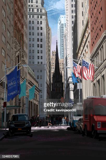 wall street im financial district, new york city, usa - nasdaq building stock-grafiken, -clipart, -cartoons und -symbole