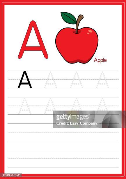 vektor-illustration von red apple isoliert auf weißem hintergrund. mit dem großbuchstaben a als lehr- und lernmedium für kinder, um englische buchstaben zu erkennen oder damit kinder lernen, briefe zu schreiben, die verwendet werden, um zu hause und in  - reiseführer nachschlagwerk stock-grafiken, -clipart, -cartoons und -symbole