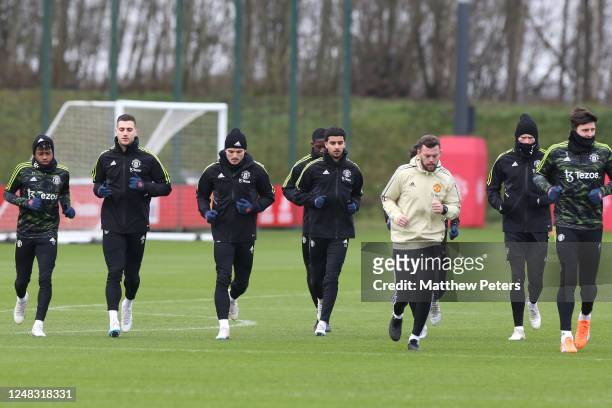 The Manchester United players in action during a Manchester United first team training session at Carrington Training Ground ahead of their UEFA...
