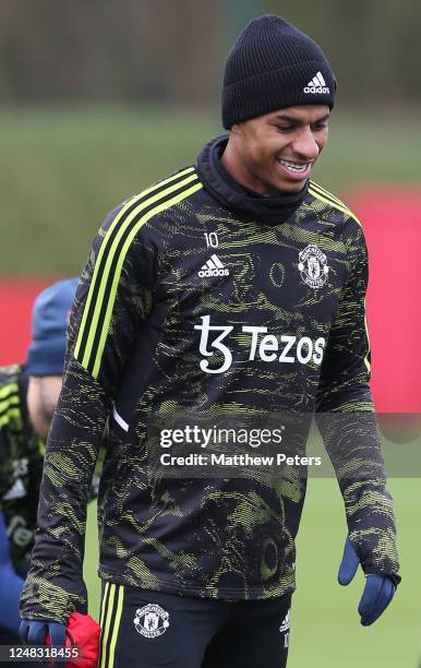 Marcus Rashford of Manchester United in action during a Manchester United first team training session at Carrington Training Ground ahead of their...
