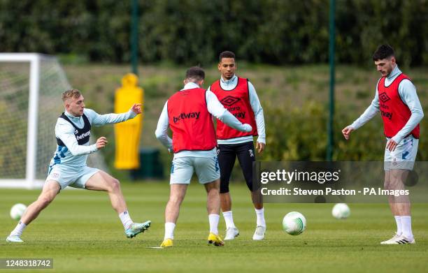 West Ham United's Jarrod Bowen , Declan Rice during a training session at the Rush Green Training Ground, Romford. Picture date: Wednesday March 15,...