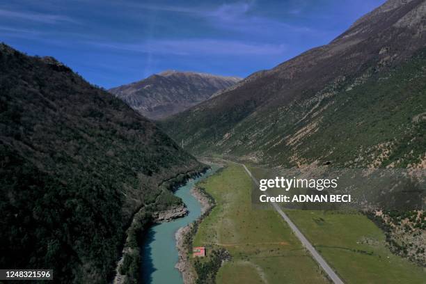 Këlcyrë An aerial view taken on March 14 shows Vjosa, one of the last wild rivers in Europe, at her natural flow, near the city of Kelcyre. - A...