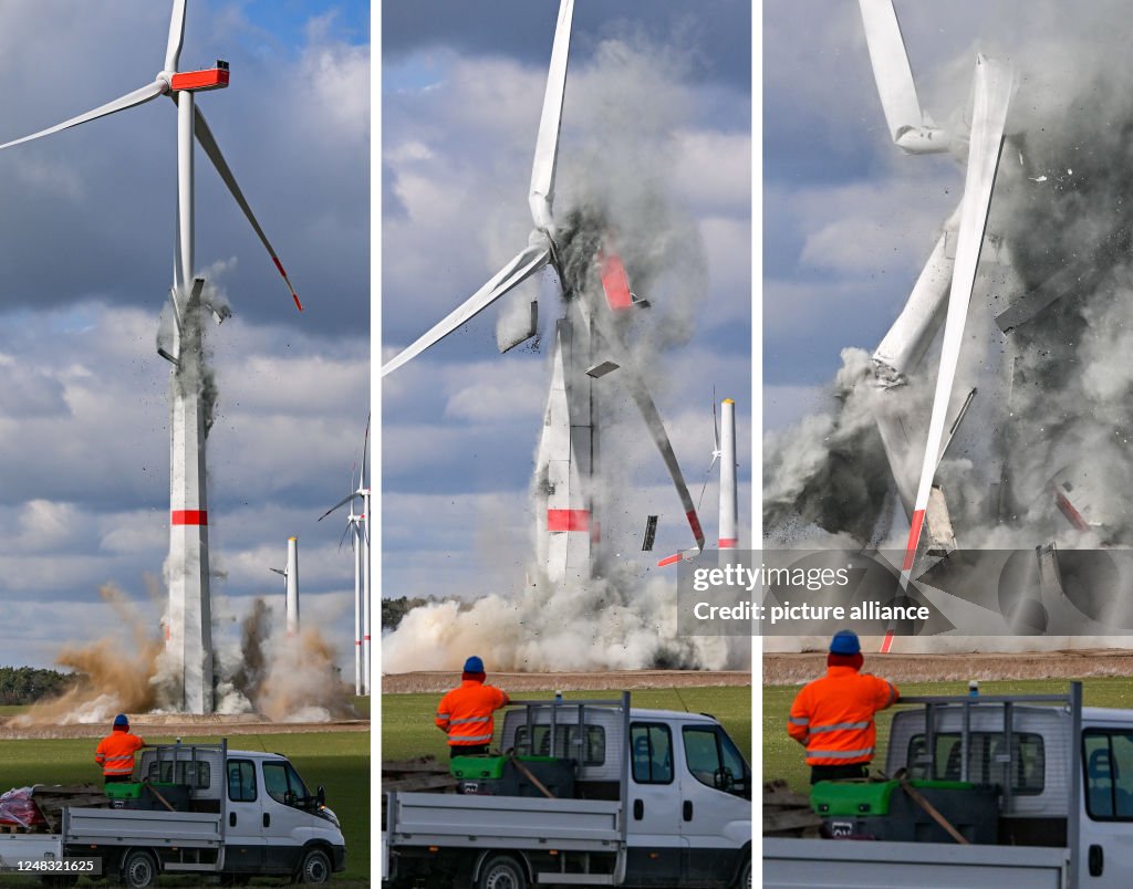 The three-part image combo shows the demolition of a new wind turbine ...