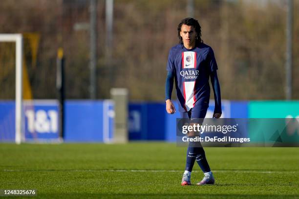 Ethan Mbappe of FC Paris Saint-Germain looks on during the UEFA Youth League match between Borussia Dortmund and Paris Saint-Germain on February 28,...