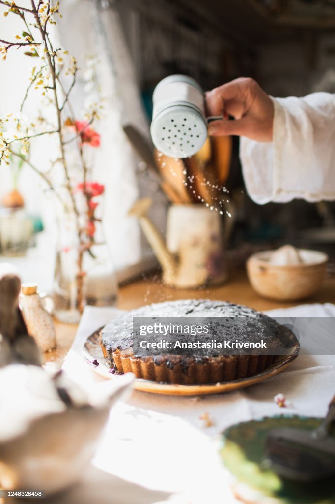 Woman's hand sprinkling icing sugar over some homemade chocolate and poppy seed cake in rustic home. Preparing homemade tart for breakfast. Morning routine.