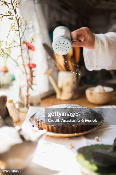 woman's hand sprinkling icing sugar over some homemade chocolate and poppy seed cake in rustic home. preparing homemade tart for breakfast. morning routine. - decorar um bolo imagens e fotografias de stock