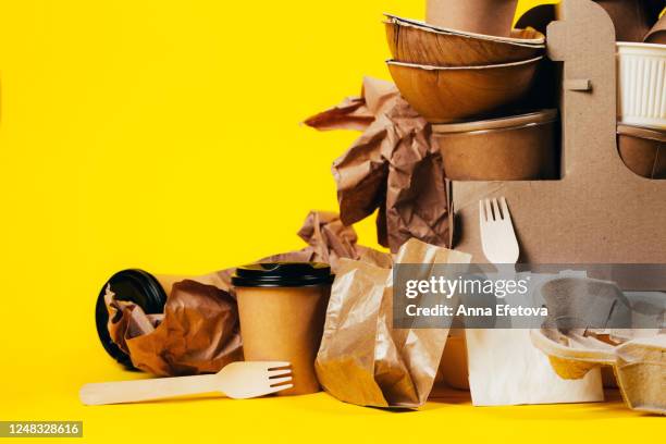 pile of disposable paper containers - takeaway box stock pictures, royalty-free photos & images