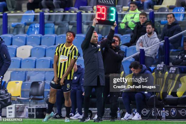 Nicolas Isimat Mirin of Vitesse Arnhem and Ryan Flamingo of Vitesse Arnhem substitutes during the Dutch Eredivisie match between SBV Vitesse and AZ...