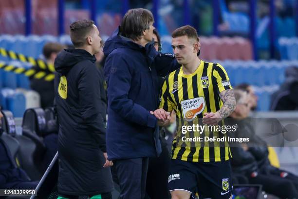 Kacper Kozlowski of Vitesse Arnhem substitutes during the Dutch Eredivisie match between SBV Vitesse and AZ Alkmaar at Gelredome on March 3, 2023 in...