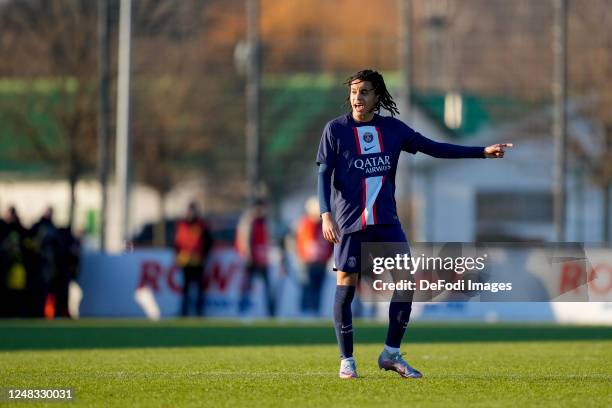 Ethan Mbappe of FC Paris Saint-Germain gestures during the UEFA Youth League match between Borussia Dortmund and Paris Saint-Germain on February 28,...