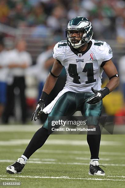 Jarrad Page of the Philadelphia Eagles drops back during the game against the St. Louis Rams at the Edward Jones Dome on September 11, 2011 in St....