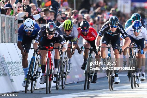 Team Tudor Dutch rider Arvid De Kleijn sprints on his way to win, ahead of Movistar Team Colombian rider Fernando Gaviria and Team DSM Dutch rider...