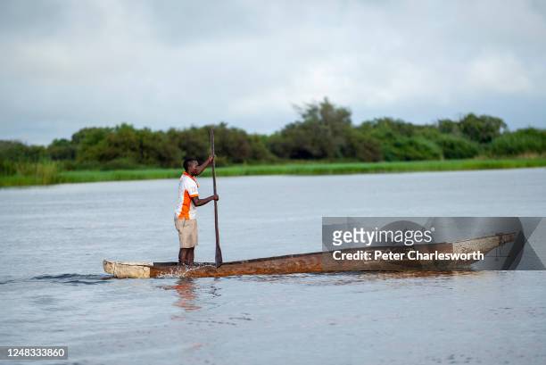 Man paddling his way along the Zambezi River in a dug out canoe between Namibia and Zambia. The river here delineates the border between Namibia and...