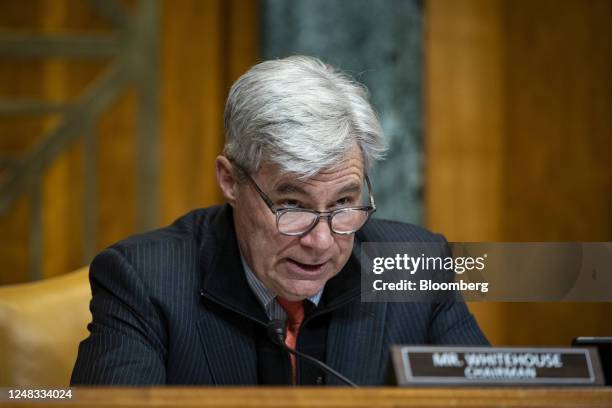 Senator Sheldon Whitehouse, a Democrat from Rhode Island and chairman of the Senate Budget Committee, speaks during a hearing in Washington, DC, US,...